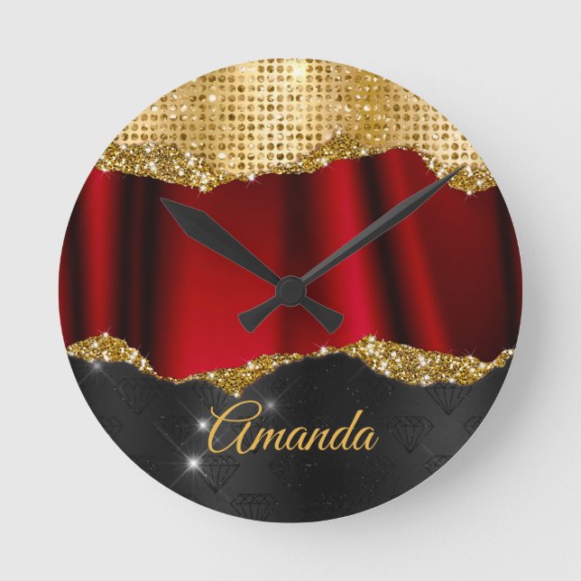 Horloge Ronde Faux Parties scintillant élégantes Red Gold noir m (Recto)