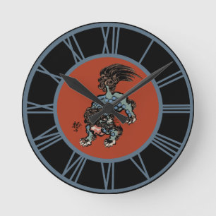 Horloge Ronde Feng Shui Lion Shi Chinois Nombres Bleus