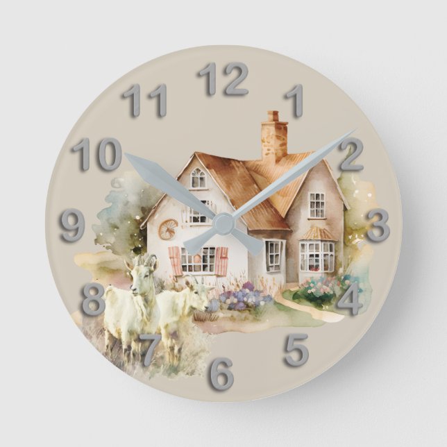 Horloge Ronde Ferme de campagne avec chèvres aquarelle cuisine (Recto)