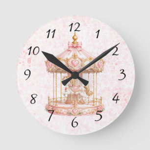Horloge Ronde Fête d'anniversaire de princesse carrousel rose