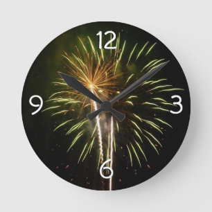 Horloge Ronde Fête des Feux d'artifice vert et or