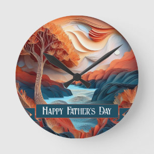 Horloge Ronde fête des pères 3D Paper Art Trees River