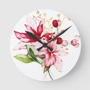 Horloge Ronde Fête d'hiver poinsettia aquarelle fleurs