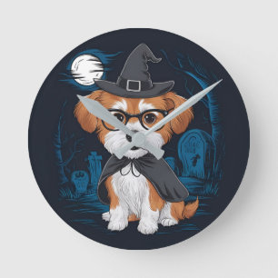 Horloge Ronde Fête du chien adorable Halloween. design