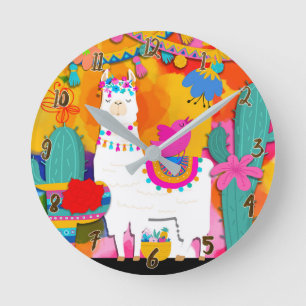 Horloge Ronde Fête Llama Cinco De Mayo Coloré Amusement Aquarell