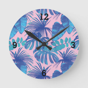Horloge Ronde Feuille de palme tropicale bleu rose