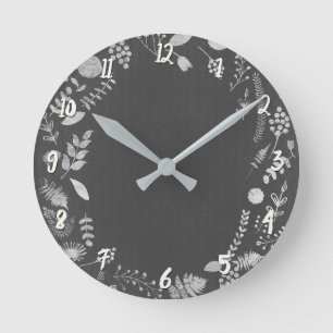Horloge Ronde Feuilles botaniques grises argentées personnalisée