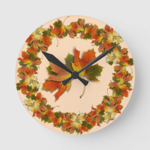 Horloge Ronde Feuilles d'automne orange et jaune