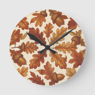 Horloge Ronde Feuilles de chêne d'automne glands bruns sans cout