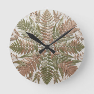 Horloge Ronde Feuilles de fougère botanique vert cuivre pressées