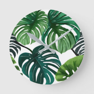 Horloge Ronde Feuilles de Monstera Aquarelle Botanique Moderne