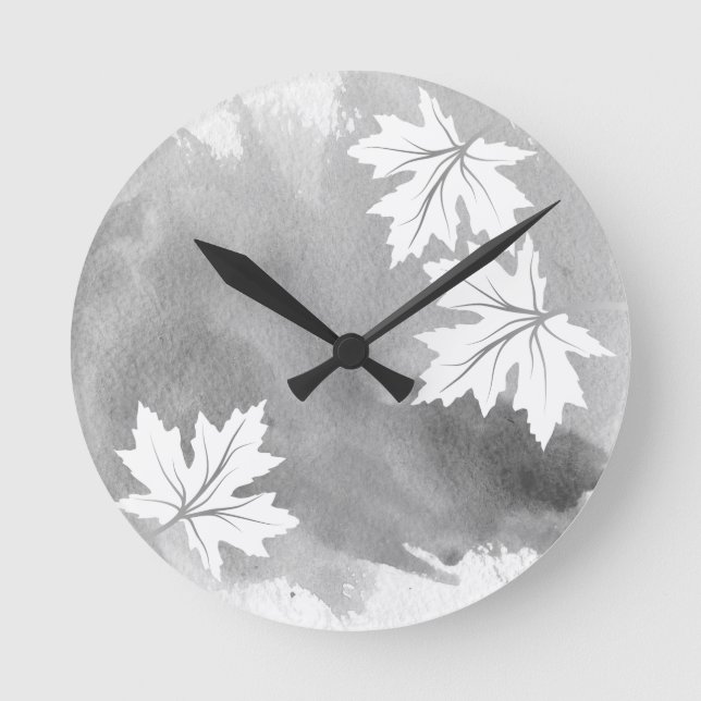 Horloge Ronde Feuilles d'érable gris moderne (Recto)