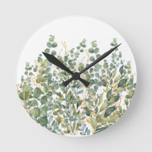 Horloge Ronde Feuilles D'Eucalyptus Botanique Or Et Vert