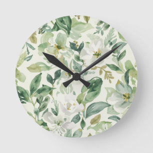 Horloge Ronde Feuilles Florales Aquarelle Verte Botanique Nature