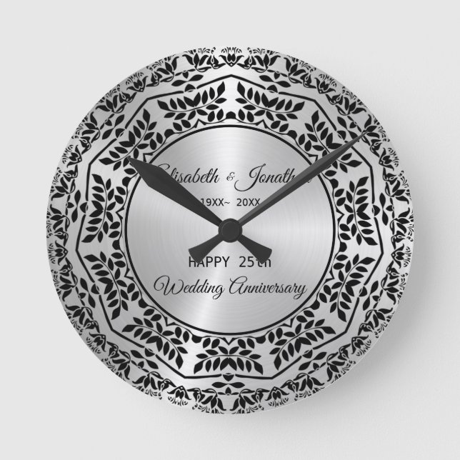 Horloge Ronde Feuilles Noires Mandala 25e Anniversaire (Recto)