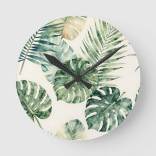 Horloge Ronde Feuilles tropicales aquarelle motif Monstera Palmi