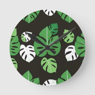 Horloge Ronde Feuilles tropicales de Monstera Fond noir