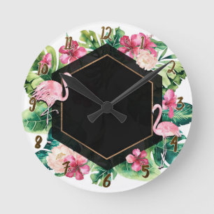 Horloge Ronde Feuilles tropicales & flamants rose chic noir or