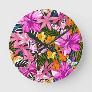 Horloge Ronde Feuilles tropicaux et fleurs