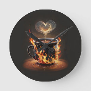 Horloge Ronde Fiery Christmas Coffee Cup avec Heart Steam Art