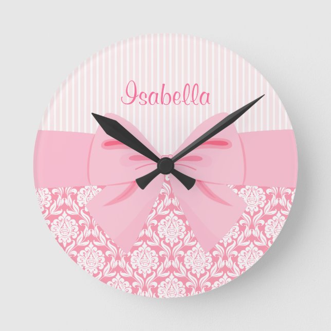 Horloge Ronde Fille Elegant Rose Damask Wrap Bow Personnalisé (Recto)
