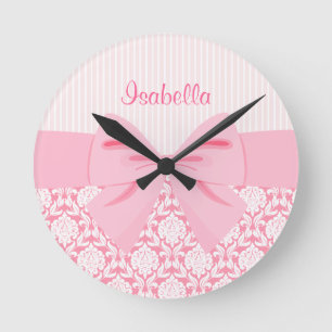 Horloge Ronde Fille Elegant Rose Damask Wrap Bow Personnalisé