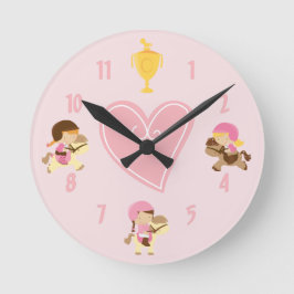 Horloge Ronde Filles mignonnes et poneys avec anglais Tack Pink