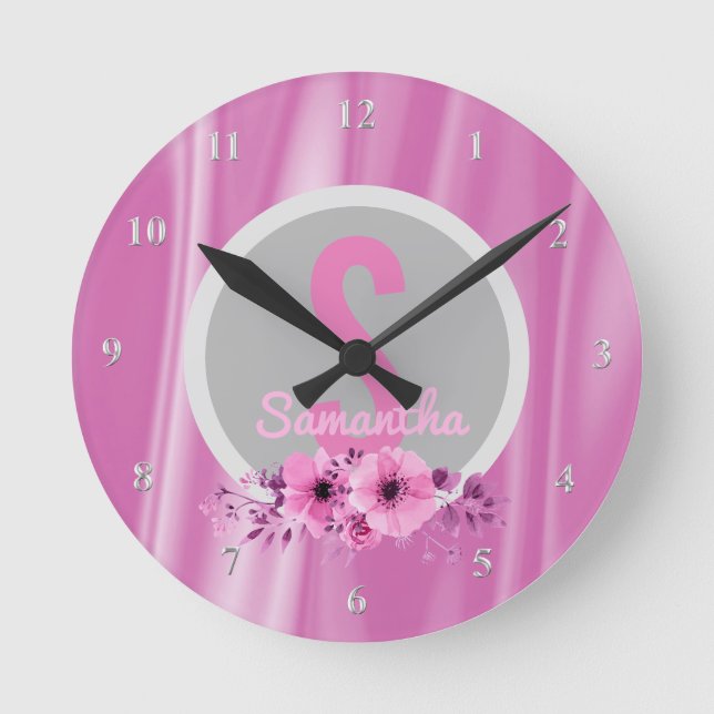 Horloge Ronde Filles Personnalisées Nom Fille Fleurs Roses Satin (Recto)