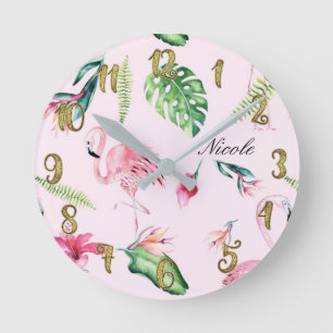 Horloge Ronde Flamant Rose & Feuilles Florales Tropicales Person
