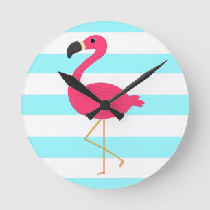 Horloge Ronde Flamant rose rose sur les rayures turquoises