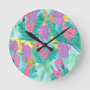 Horloge Ronde Flamant rose Tropical Jungle Motif