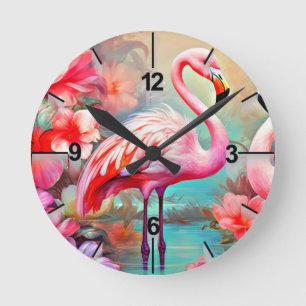 Horloge Ronde Flamant Tropical avec Fleurs