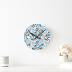 Horloge Ronde Fleur Aquarelle Bleue - Floral Botanique