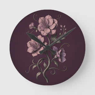 Horloge Ronde Fleur d'anémone mauve pourpre botanique foncée