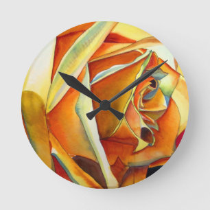 Horloge Ronde Fleur d'art d'aquarelle rose jaune