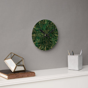 Horloge Ronde Fleur de dahlia or et vert