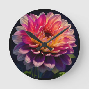 Horloge Ronde Fleur de dahlia rose et orange chaud