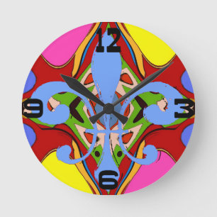 Horloge Ronde Fleur de Lis Abstraite et colorée