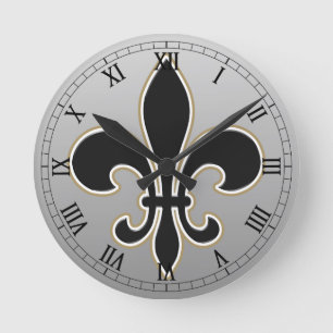 Horloge Ronde Fleur de Lis Black avec le blanc et l'or