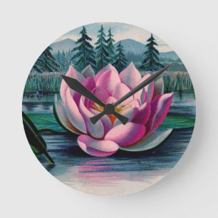 Horloge Ronde Fleur de Lotus rose vintage