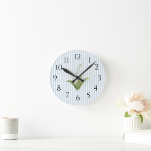 Horloge Ronde Fleur de muguet bleu rayé prépa