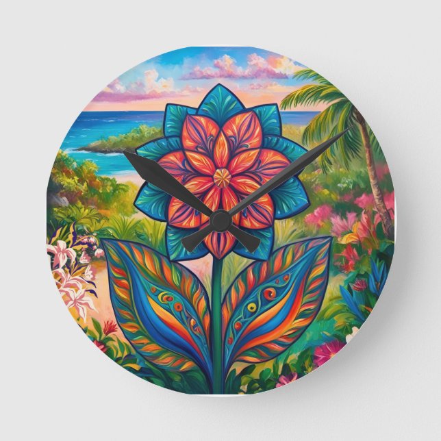 Horloge Ronde Fleur d'Imaginaire tropicale vibrante au paradis (Recto)