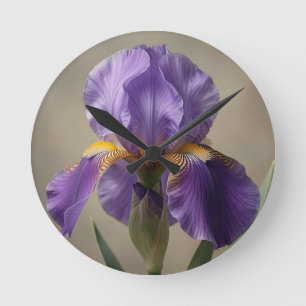 Horloge Ronde Fleur d'Iris Violet Élégante en Fleur