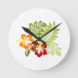 Horloge Ronde Fleur Feuilles tropicaux Hibiscus Hawaii Rouge Ora