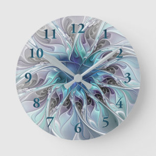 Horloge Ronde Fleur fractale moderne abstraite avec du bleu