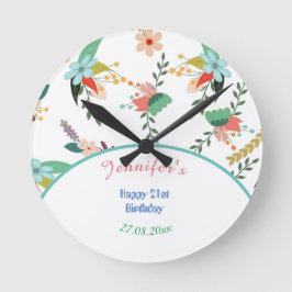 Horloge Ronde Fleur mignonne colorée 21e Joyeux anniversaire