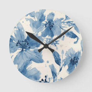 Horloge Ronde Fleur peinte à l'aquarelle bleue Botanique Fantais