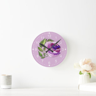 Horloge Ronde Fleur Rose d'aquarelle jaune pastel violet