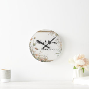 Horloge Ronde fleur vert sauge - texte personnalisé