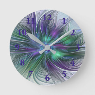 Horloge Ronde Fleur verte abstraite moderne fractale violette